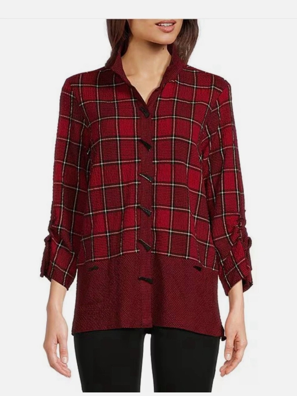 Ali Miles Burgundy Plaid Button-Front Tunic Mixed Media Dark Academia